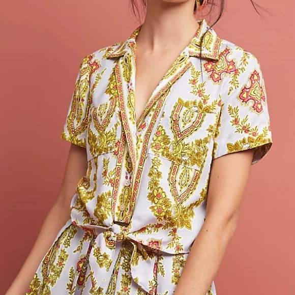 Anthropologie Echarpe Paisley Tie-Front Top Yellow Floral Accents 4 - Picture 2 of 8